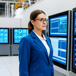 A professional female factory manager in a clean, modest work uniform and safety glasses, standing confidently amidst a state-of-the-art production facility. Large digital screens in the background display real-time operational data, production metrics, and predictive analytics visualizations. The factory floor is immaculate, brightly lit, and features advanced automated machinery and IoT sensors. The scene emphasizes modern efficiency and data-driven decision-making. Fully clothed, appropriate attire, safe for work, perfect anatomy, correct proportions, natural pose, professional photography, high quality, professional.