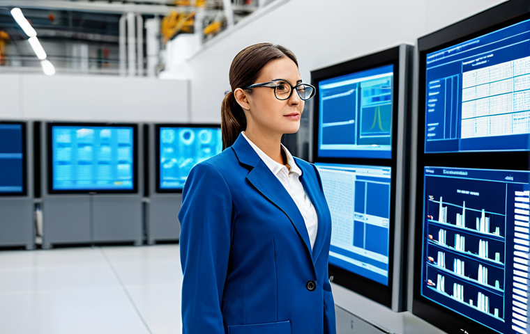 A professional female factory manager in a clean, modest work uniform and safety glasses, standing confidently amidst a state-of-the-art production facility. Large digital screens in the background display real-time operational data, production metrics, and predictive analytics visualizations. The factory floor is immaculate, brightly lit, and features advanced automated machinery and IoT sensors. The scene emphasizes modern efficiency and data-driven decision-making. Fully clothed, appropriate attire, safe for work, perfect anatomy, correct proportions, natural pose, professional photography, high quality, professional.
